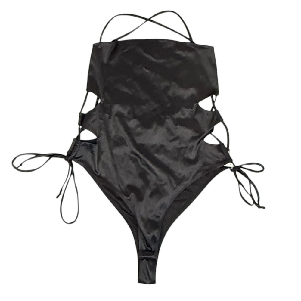 Wild Cat Black Satin Cutoutโ Bodysuit Plus Size 2X Side Tie Strappy Thong NWT